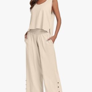 Women’s 2 Piece Cotton Wide Leg Pants Lounge Tan Large